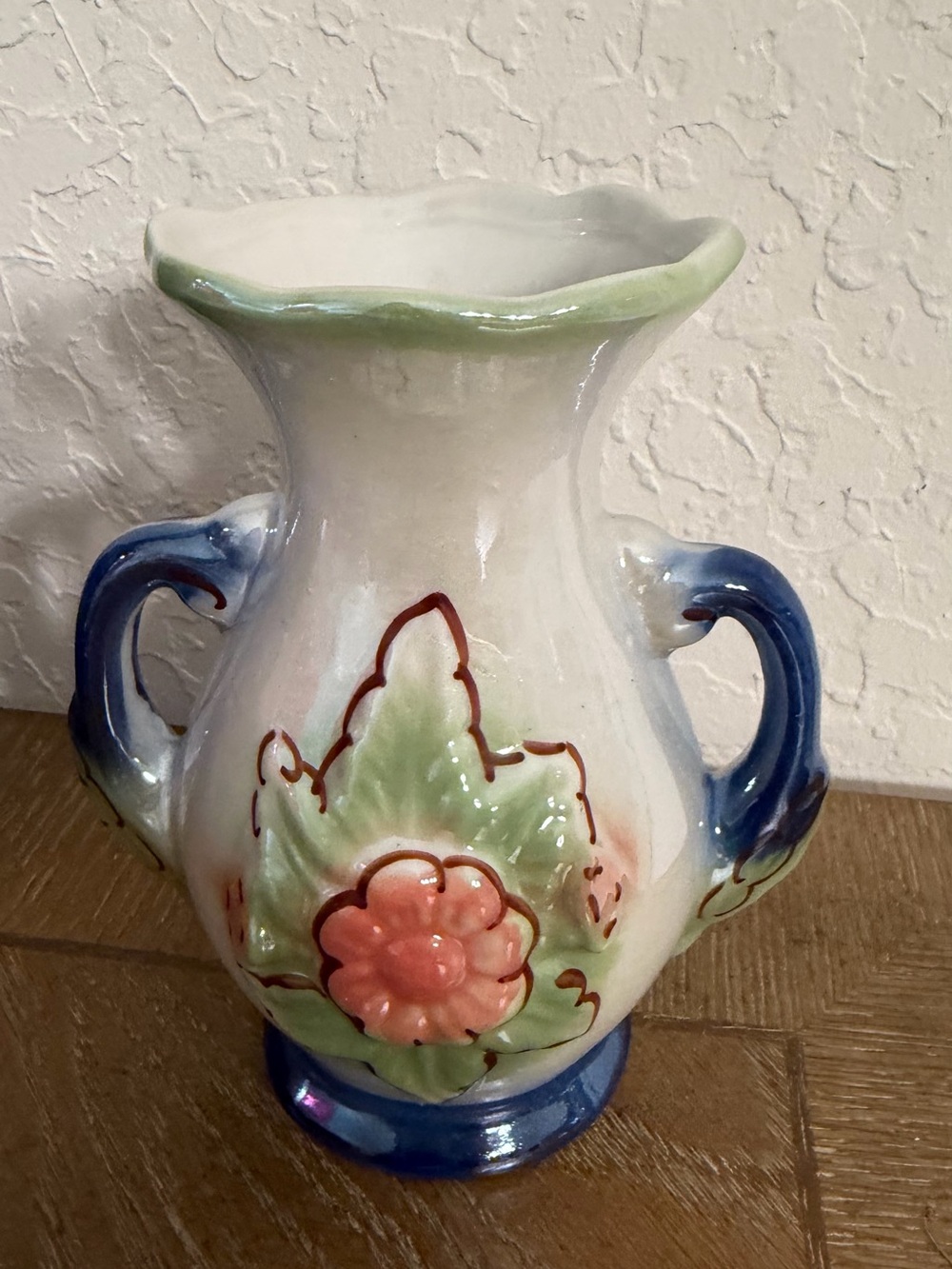 Vintage Decorative Floral Ceramic Vase - White, Blue & Green